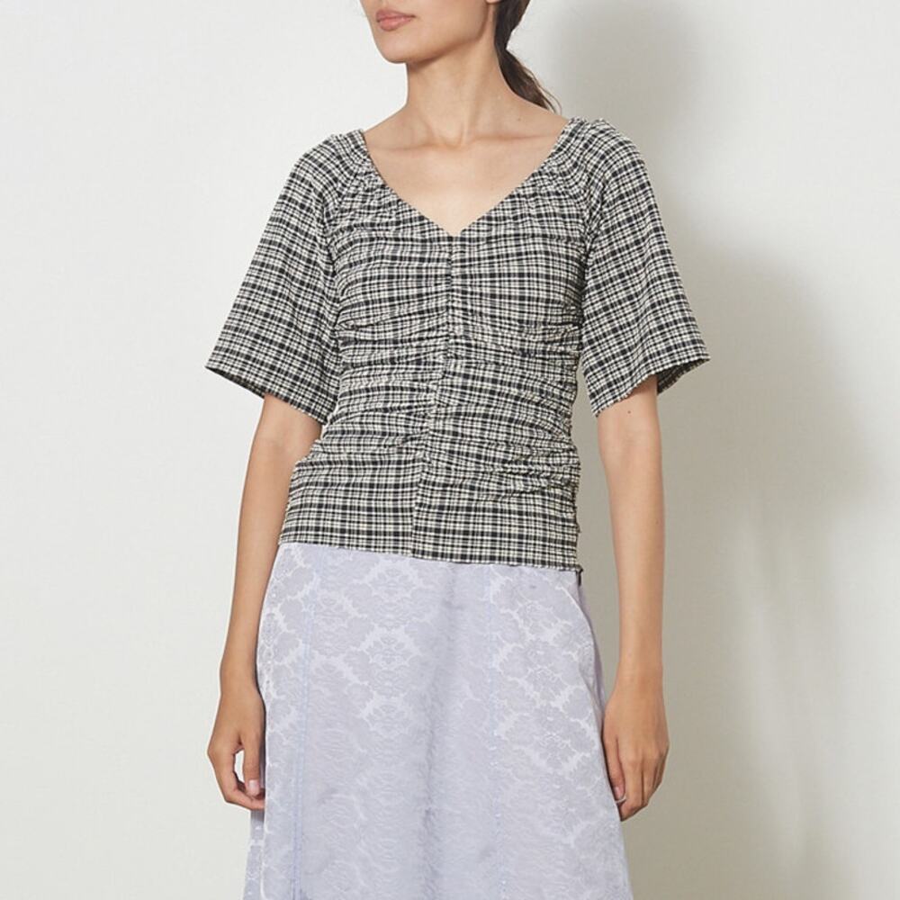 Ganni Stretch Seersucker Blouse Mini Check Black Ruched V-Neck SZ 6 US